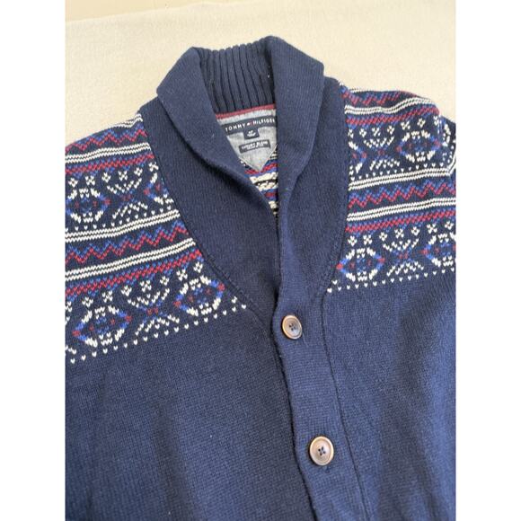 Tommy Hilfiger Mens Small Shawl Collar Wool Blend Sweater Nordic Red White Blue - Picture 1 of 13
